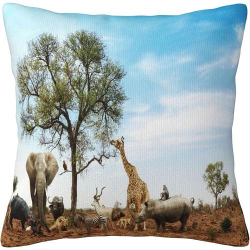 Housse De Coussin Décorative Avec Animaux De La Faune Africaine, Girafe, Zèbre, Éléphant, Forêt Tropicale, Zoo, Housse De Coussin Pour La Maison, Le Canapé, Le Lit, La Décoration De Canapé, 45,7 X 45,7 Cm