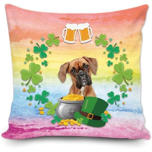 Taie D'oreiller Décorative Avec Couronne De Trèfle Vert, Saint-Patrick, Avec My Love Dog Boxer, Chapeau Vert, Décoration De Bière Dorée, Housse De Coussin 45,7 X 45,7 Cm