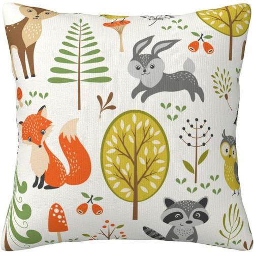 Housse De Coussin Motif Animaux De La Forêt, Arbres, Chouettes, Renard, Lapin, Cerf, Champignon, Housse De Coussin Décorative Pour La Maison, Pour Le Salon, Le Canapé, Le Lit, 45,7 X 45,7 Cm