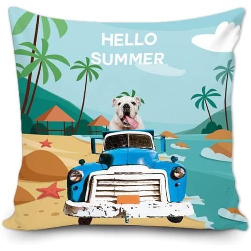 Taie D'oreiller Drôle Et Adorable Bouledogue Blanc Conduisant Une Voiture, Hello Summer Beach Sea Palm Tree, Décoration D'intérieur Pour Canapé, Chambre À Coucher, 40,6 X 40,6 Cm