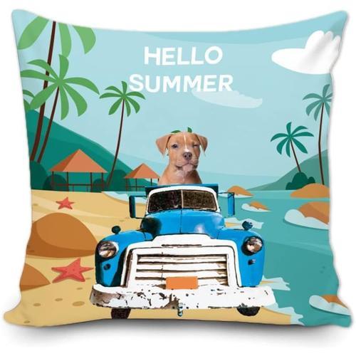 Taie D'oreiller Humoristique Avec Chien American Staffordshire Terrier Conduisant Une Voiture, Bonjour, Été, Plage, Mer, Palmier, Décoration D'intérieur Pour Canapé, Chambre À Coucher, 50,8 X 50,8 Cm