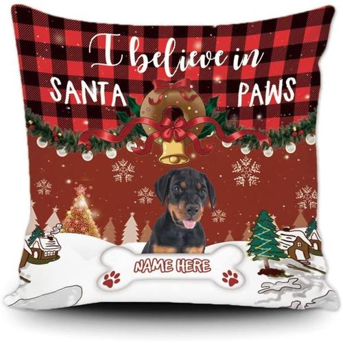 Taie D'oreiller Personnalisée Doberman Dog Christmas Winter Decor À Carreaux De Buffle Pour Canapé, Chaise, I Believe In Santa Paws, Toile 50,8 X 50,8 Cm Double Face