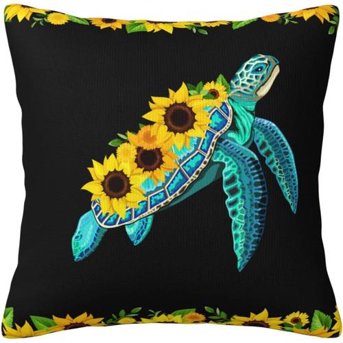 Housse De Coussin Décorative En Forme De Tortue De Mer, Tournesol, Fleurs Jaunes, Animaux De L'océan, Tortue, Housse De Coussin Pour La Maison, Canapé, Lit, Canapé, 45,7 X 45,7 Cm