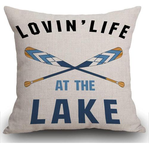 Housse De Coussin Décorative En Coton Et Lin Avec Citation « Loving Life At The Lake » - Noir Et Bleu - Pour La Maison, Le Salon, Le Lit, Le Canapé, La Voiture - Carré En Coton Et Lin - 45,7 X 45,7 Cm