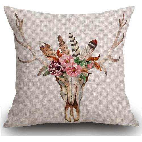 Housse De Coussin En Lin Coton Avec Crâne De Cerf, Tête De Cerf Bohème, Couronne De Taibal, Fleurs, Plumes, Taie D'oreiller Carrée Décorative Pour Canapé, Salon, Canapé-Lit, 45 Cm X 45 Cm, 18 X 18 Pouces