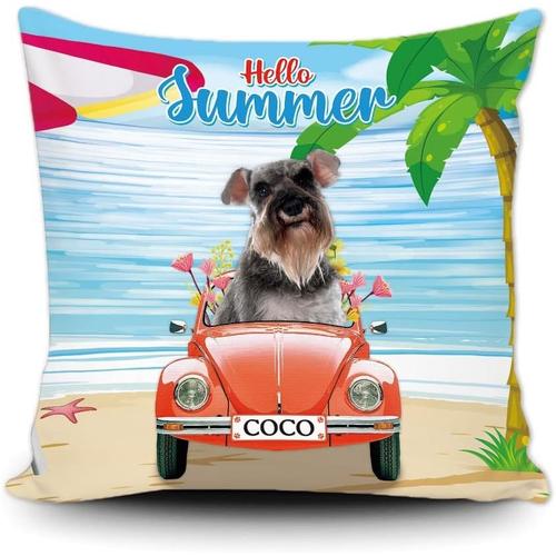 Taie D'oreiller Personnalisée Hello Summer, Chien Schnauzer Miniature Gris Au Volant D'une Voiture, Océan Bleu, Plage, Mer, Palmier, Housse De Coussin, Décoration De Voiture, Canapé, Maison, Toile 45,7 X 45,7 Cm