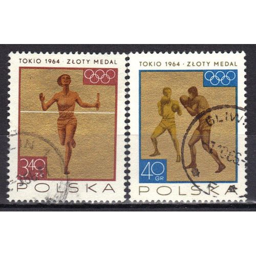 Pologne 1965 : Médailles Obtenues Aux Jeux Olympiques De Tokyo : Boxe / Relais 4x100 Féminin - Série De 2 Timbres Oblitérés Or