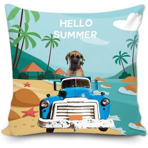 Housse De Coussin Hello Summer Great Dane Avec Chien Conduisant Une Voiture Rétro, Bleu, Plage, Mer, Pour L'été, La Maison, Le Canapé, Le Lit, Décoration 50,8 X 50,8 Cm