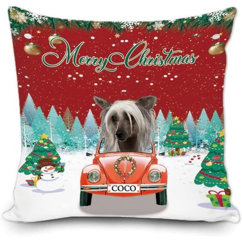 Housse De Coussin Personnalisée Joyeux Noël, Joli Chien Chinois À Crête Dans La Voiture, Arbre De Noël D'hiver Avec Bonhomme De Neige, Flocon De Neige, Décoration De Canapé, Taie D'oreiller Carrée De 50,8 X 50,8 Cm, Impression Double Face