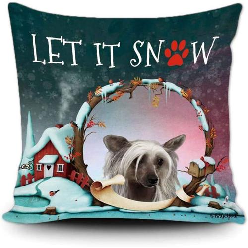 Let It Snow Housse De Coussin Happy Winter Holiday Avec Mon Chien Préféré, Chien Chinois À Crête, Patte De Flocon De Neige, Décoration De Ferme De Noël, Taie D'oreiller Carrée 45,7 X 45,7 Cm