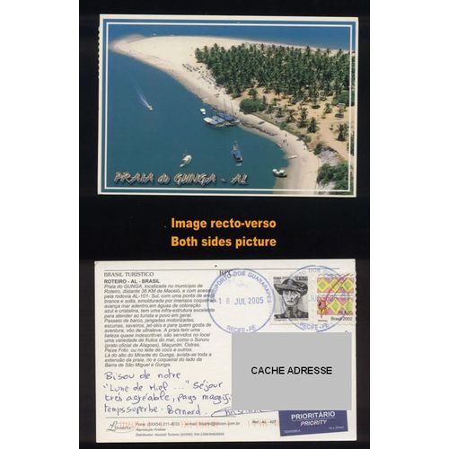 Carte Postale Postcard Praia Do Gunga Al Affranchie 2 Timbres Oblitérés Cangaceiro 2003 E Berimbau 2002 Brasil Bresil