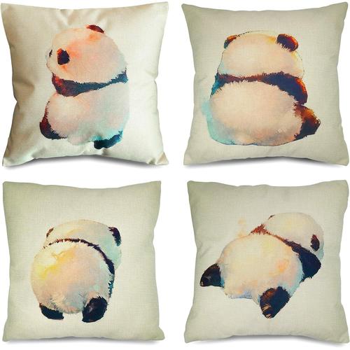 Qirung Lot De 4 Housses De Coussin En Coton Et Lin, Taies D'oreiller Carrées Décoratives En Forme De Panda Pour Canapé-Lit 45 X 45 Cm