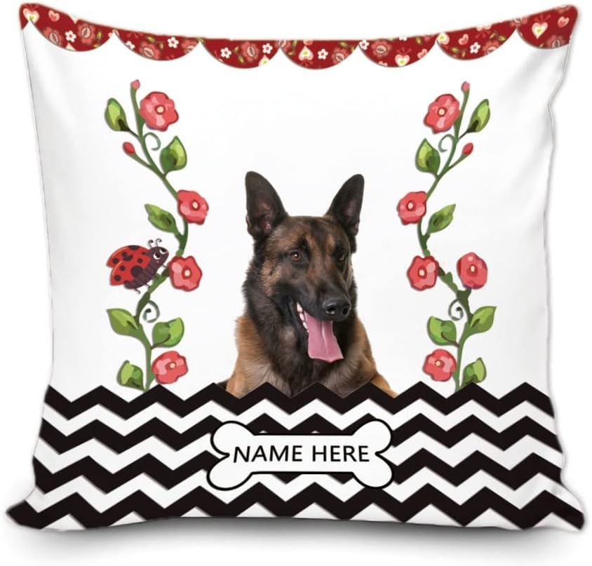 Housse De Coussin Personnalisée Avec Chien Berger Belge Malinois, Fleurs Printanières, Rayures Noires Et Blanches, Taie D'oreiller Décorative Pour Canapé, Lit, Salon, Toile 50,8 X 50,8 Cm