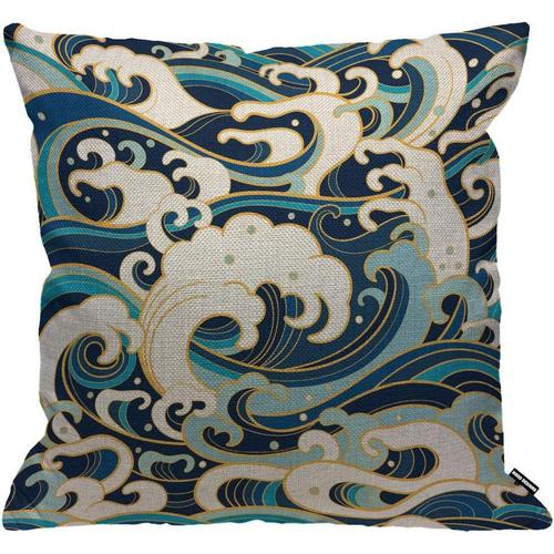 Housse De Coussin Motif Vagues Océaniques Japonaises Traditionnelles Orientales Avec Éclaboussures De Mousse, Décoration De La Maison, Garçons/Filles, Salon, Chambre À Coucher, Canapé, Chaise, 45 X 45 Cm