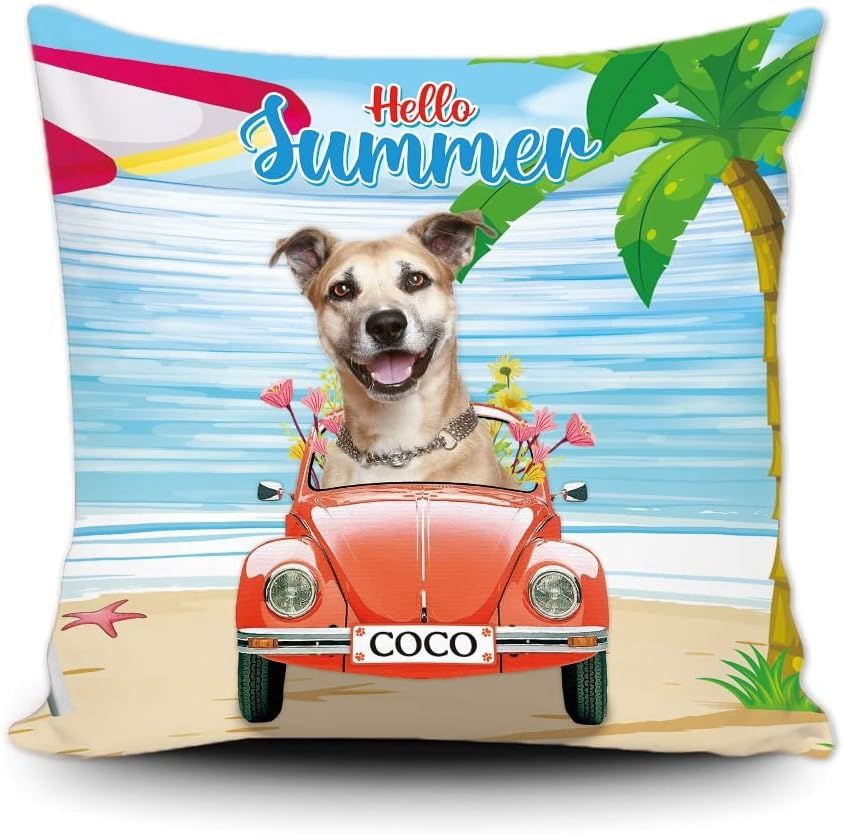 Taie D'oreiller Personnalisée Avec Chien Staffie Conduisant Une Voiture, Bonjour, Plage, Mer, Palmier, Décoration De Voiture, Canapé, Maison, Toile 50,8 X 50,8 Cm