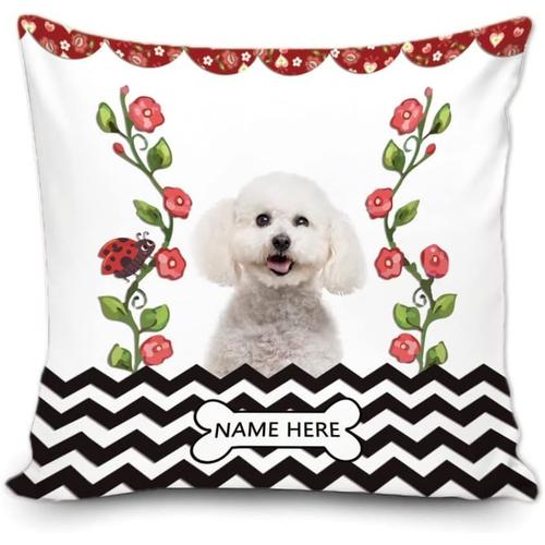 Taie D'oreiller Personnalisée En Forme De Chien Bichon Frise Avec Fleurs Printanières À Rayures Noires Et Blanches, Décoration De La Maison, Toile 40,6 X 40,6 Cm