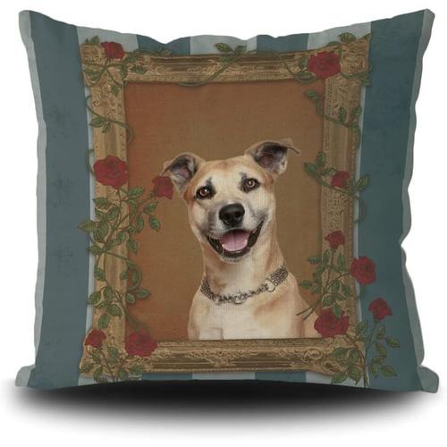 Taie D'oreiller Mignonne En Forme De Chien Staffie, Avec Cadre Photo Rose Rouge, Housse De Coussin Décorative Vintage, En Lin, 16x16 Pouces