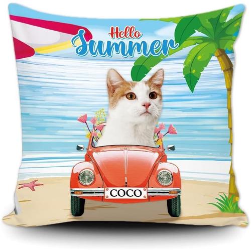 Housse De Coussin Personnalisée Hello Summer, Chat Domestique À Poils Courts Orange Et Blanc Au Volant D'une Voiture, Océan Bleu, Plage, Mer, Palmier, Décoration De Voiture, Canapé, Maison, Toile 45,7 X 45,7 Cm