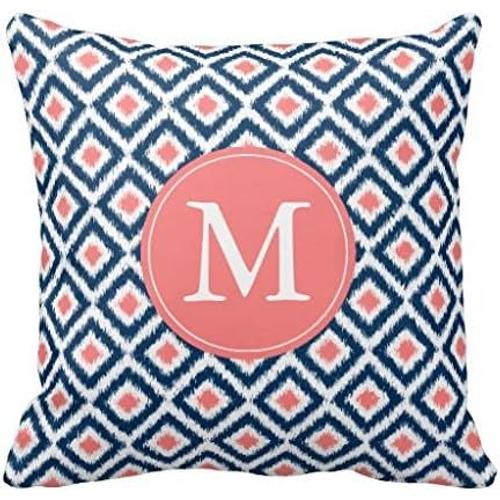 Housse De Coussin En Coton Et Lin Doux, Taie D'oreiller Monogrammée Bleu Marine, Diamants De Corail, Motif Ikat, Taie D'oreiller, Décoration D'intérieur, 16, 18, 20 Pouces