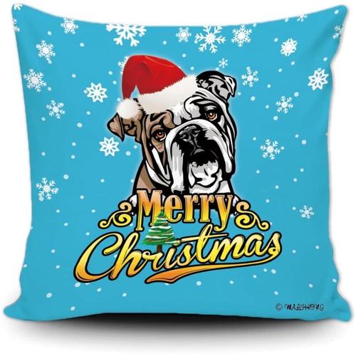 Taie D'oreiller Joyeux Noël Bouledogue Anglais Avec Chapeau De Père Noël, Arbre De Noël, Flocon De Neige, Bleu Bébé, Housse De Coussin Pour Décoration De Vacances 40,6 X 40,6 Cm