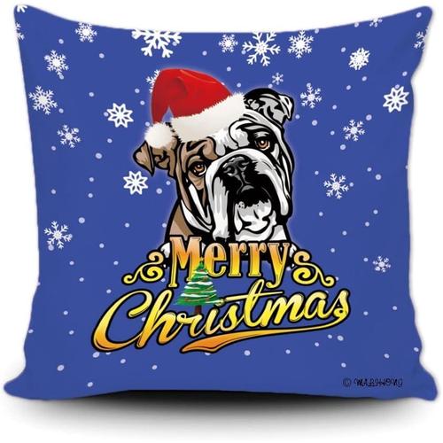 Taie D'oreiller Joyeux Noël Bouledogue Anglais Avec Chapeau De Père Noël, Arbre De Noël, Flocon De Neige, Bleu, Housse De Coussin Pour Décoration De Vacances 45,7 X 45,7 Cm