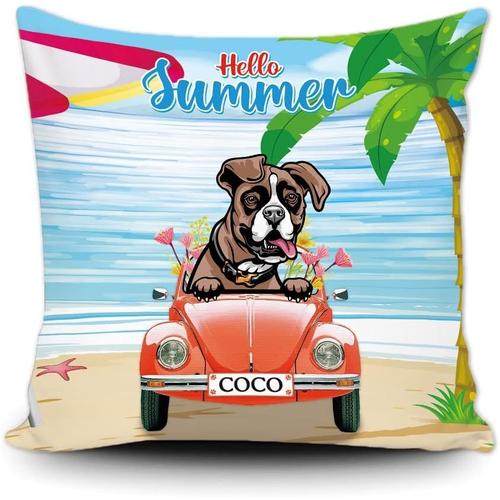 Housse De Coussin Personnalisée Hello Summer Beach Dog - Chiot Drôle - Boxer - Rouge - Rétro - Voiture - Plage - Océan - Palmier - Nom Personnalisé - Décoration D'intérieur Pour Canapé-Lit - 50,8 X 50,8 Cm