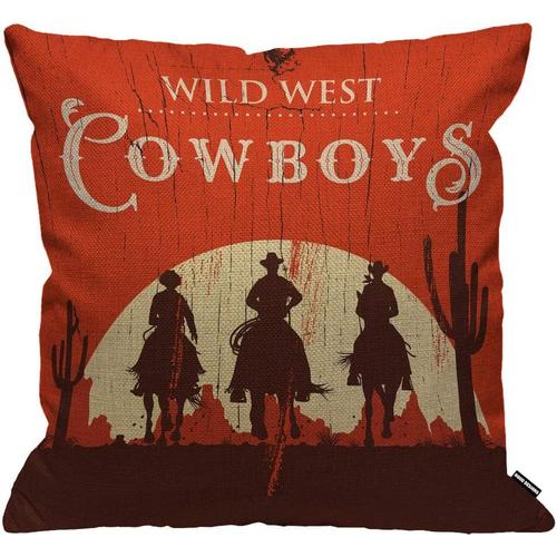 Housse De Coussin Cowboy Vintage Western Cowboys Chevaux D'équitation Panneaux En Bois Ranch Rural Désert Coucher De Soleil Housse De Coussin Décoratif Pour La Maison Salon Chambre Housses De Coussin 45 X 45 Cm