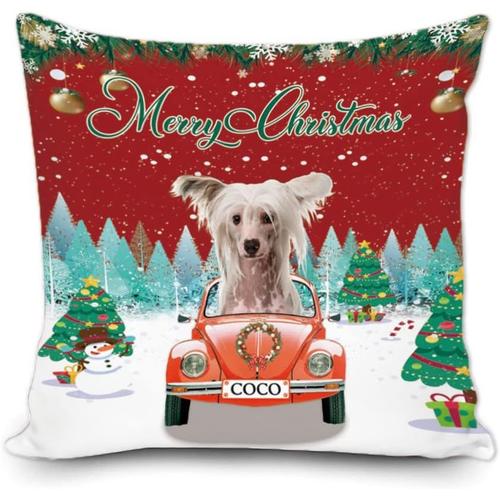 Housse De Coussin Personnalisée Joyeux Noël, Mignon Chien Chinois À Crête Dans La Voiture, Arbre De Noël Avec Bonhomme De Neige, Flocon De Neige, Décoration D'hiver, Coussin De Canapé, Taie D'oreiller 45,7 X 45,7 Cm, Impression Carrée Double Face