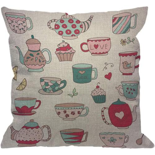 Housse De Coussin En Forme De Tasses De Gribouillage, Théières Et Cupcakes Aux Couleurs Pastel, Tasse En Céramique, Café, Boulangerie, Taies D'oreiller Décoratives En Coton Et Lin,