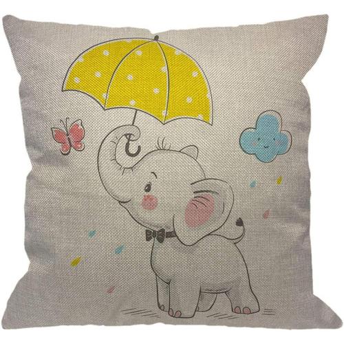 Housse De Coussin En Forme D'éléphant, Bébé Éléphant Avec Parapluie, Dessin Animé Papillon Rose Jaune, Taies D'oreiller Décoratives En Coton Et Lin, Housses De Coussin Carrées Pour