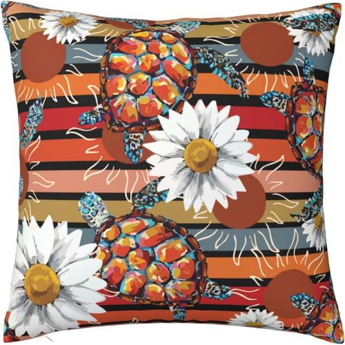 Housse De Coussin Avec Imprimé Tortue De Mer Tropicale Et Fleurs - Taie D'oreiller Carrée En Peluche Double Face - 45,7 X 45,7 Cm - Décoration Créative Pour La Maison