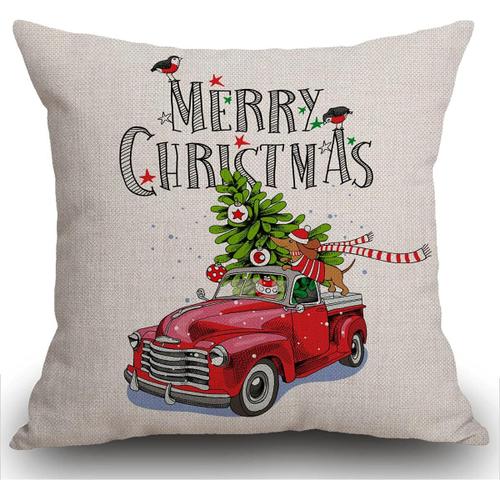 Housse De Coussin Amusante Joyeux Noël, Camion Rétro Rouge Avec Un Sapin Et Un Teckel Dans Une Écharpe, Taie D'oreiller Décorative Pour Le Salon, Le Canapé-Lit, 45 Cm X 45 Cm, 18 X 18 Pouces