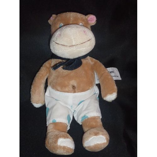 Doudou "Carré Blanc, Carréblanc", Peluche Hippopotame Beige, Short Blanc Pois Bleu, 22 Cm