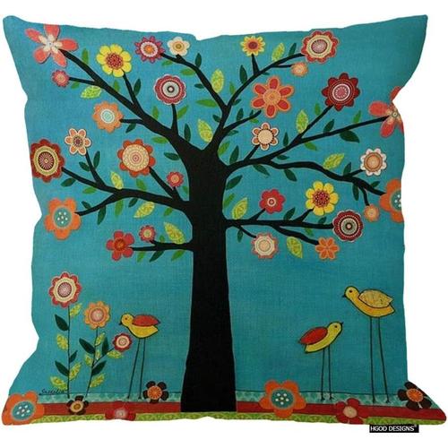 Housses De Coussin Décoratives Carrées En Lin Et Coton Mélangé Beige, Pour Intérieur Ou Extérieur, 45,7 X 45,7 Cm, Beige/Blanc/Noir (Grand Arbre Et Oiseaux Noirs)