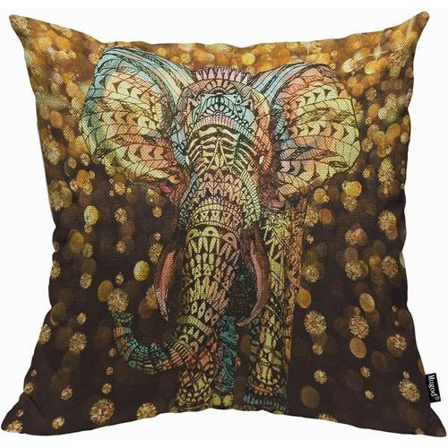 Housse De Coussin Éléphant Doré, Taie D'oreiller Aztèque Avec Pluie Dorée Scintillante, Bijoux, Pierres Légères, Taie D'oreiller Décorative Pour Hommes Et Femmes, Pour La Maison, Le Canapé, La Chaise, Le Canapé, 45x45cm/18x18 Pouces