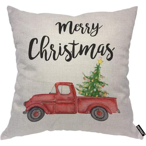 Housse De Coussin Joyeux Noël Avec Camion Rouge, Pins, Aquarelle, Célébration Du Festival, Dessin Animé, Joie, Taie D'oreiller Décorative Pour Hommes, Femmes, Garçons Et Filles, Ho