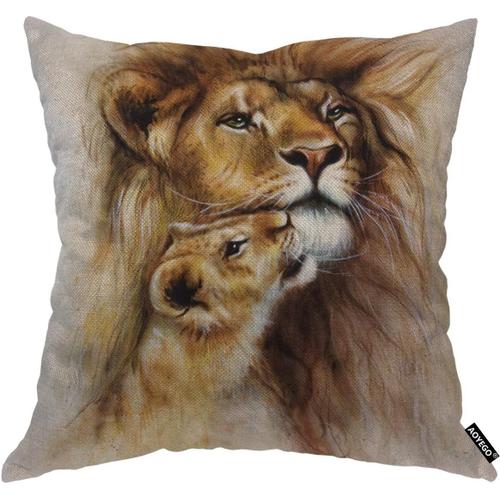 Housse De Coussin Motif Lion Et Lionceau - 45,7 X 45,7 Cm - Décoration En Coton Et Lin - Coussin Carré Pour La Maison, Le Canapé, Le Lit