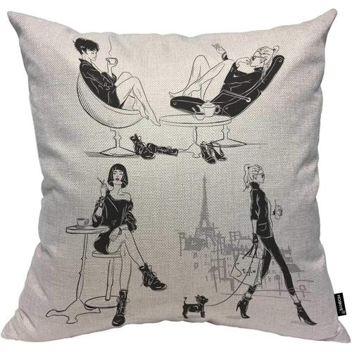 Housse De Coussin Pour Loisirs, Filles, Avec Tasse De Café, En Coton Et Lin, Pour Canapé, Lit, Canapé, Voiture, Taille 45,7 X 45,7 Cm