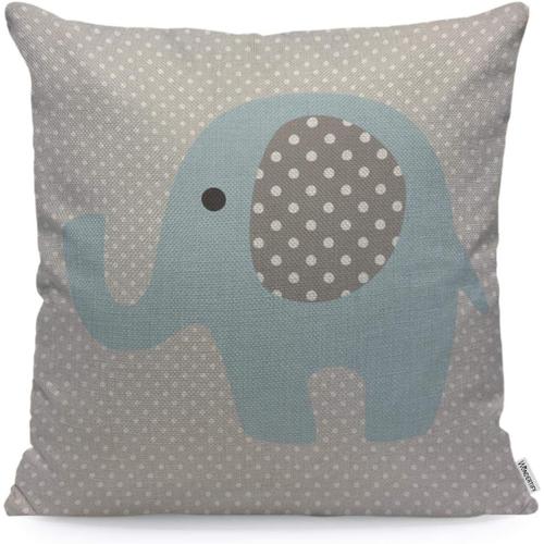 Housse De Coussin Magnifique Bébé Éléphant Bleu À Pois Gris ? Taie D'oreiller En Lin Doux Pour Chambre/Salon/Canapé/Ferme/Voiture ? Housses De Coussin 45 X 45 Cm