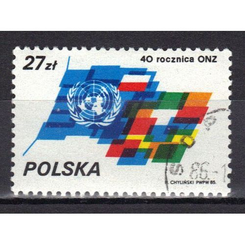 Pologne 1985 : 40è Anniversaire De L'organisation Des Nations Unies : Composition De Drapeaux - Timbre Oblitéré
