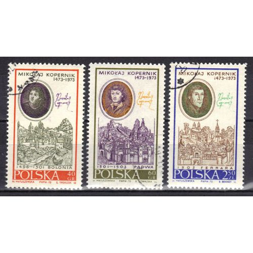 Pologne 1970 : 500è Anniversaire De La Naissance De Nicolas Copernic : Vue De Bologne / Padoue / Ferrare - Série De 3 Timbres Oblitérés