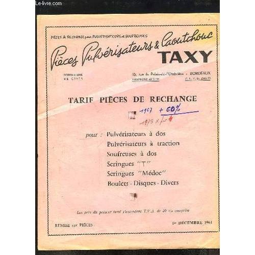 1 Brochure De Tarif De Pièces De Rechange Pour Pulvarisateurs Et Soufreuses & Caoutchouc.