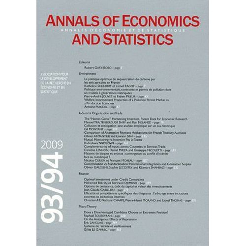 Annales D'économie Et De Statistique N° 93/94, Janvier-Ju - Annales D'économie Et De Statistique: N° 93-94