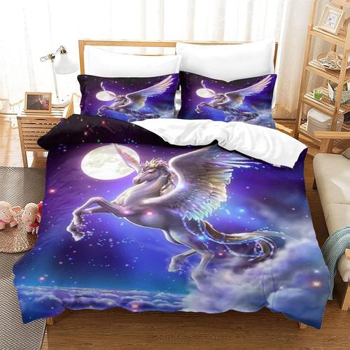 Housse De Couette Licorne Night Sky White Unicorn, Housse De Couette Pi¿¿Ces Taies D'oreiller, Parure De Lit En Microfibre, Parure 220 X 240 Cm