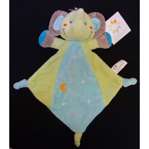 Éléphant Doudou Plat Bleu Vert Gris Lune Et Étoile Brodé Nicotoy