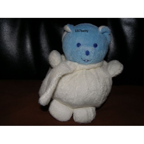 Doudou Ours Boule Blanc Et Bleu Musti De Mustela Grand Model 19 Cm.