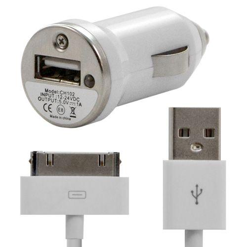 Chargeur Voiture Allume Cigare Usb + Cable Data Couleur Blanc Pour Apple : Iphone / Iphone 3g / Iphone 3gs / Iphone 4 / Iphone 4s / Ipod Nano 1g / Ipod Nano 2g / Ipod Nano 4g 8/16 Gb / Ipod Nano 5g 8/