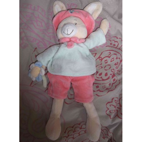 Peluche Doudou Lapin Beige Vert Chapeau Rose Fleur Grelot Jolly Baby Jollybaby Short Pull Tee Shirt Fleur Brodée Fleur Bleue Hochet Grelot 30 Cm De La Tête Sans Compter Les Oreilles  Aux Talons