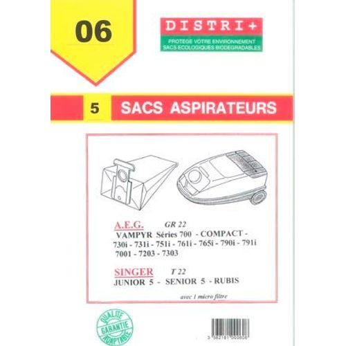 5 Sacs Aspirateur Singer   Sirocco - Supertronic 5 - Cyclone 2000/3000 T24/26