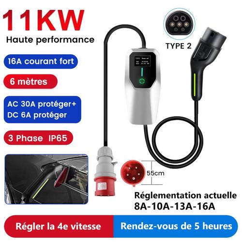 11kw Type 2 Ev Câble De Recharge 16a 3 Phases Voiture Électrique Phev Chargeur Wallbox Mobile 6m